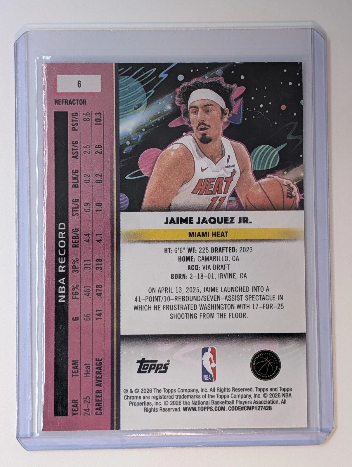 Back of 2025-26 Topps Chrome Cosmic #6 Jaime Jaquez Jr. refractor