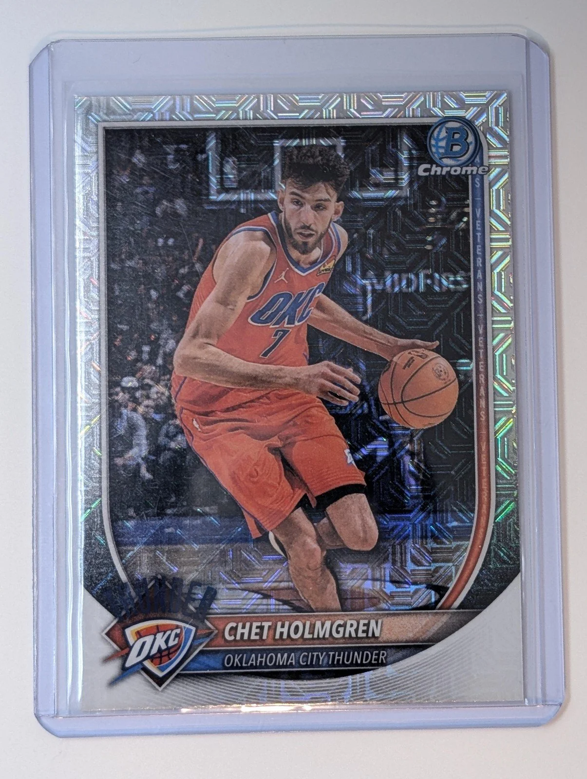 Front of 2025-26 Bowman Chet Holmgren #BCV-108 Chrome Mojo Refractor OKC Thunder