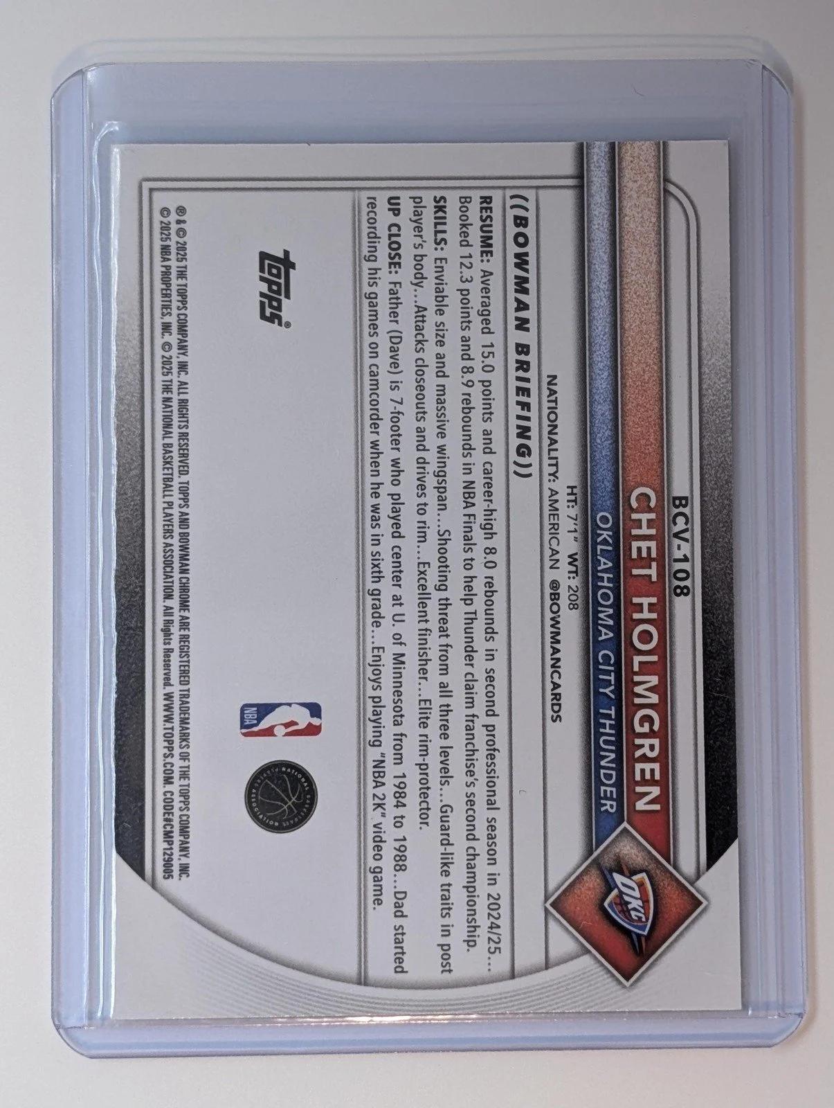 Back of 2025-26 Bowman Chet Holmgren #BCV-108 Chrome Mojo Refractor OKC Thunder