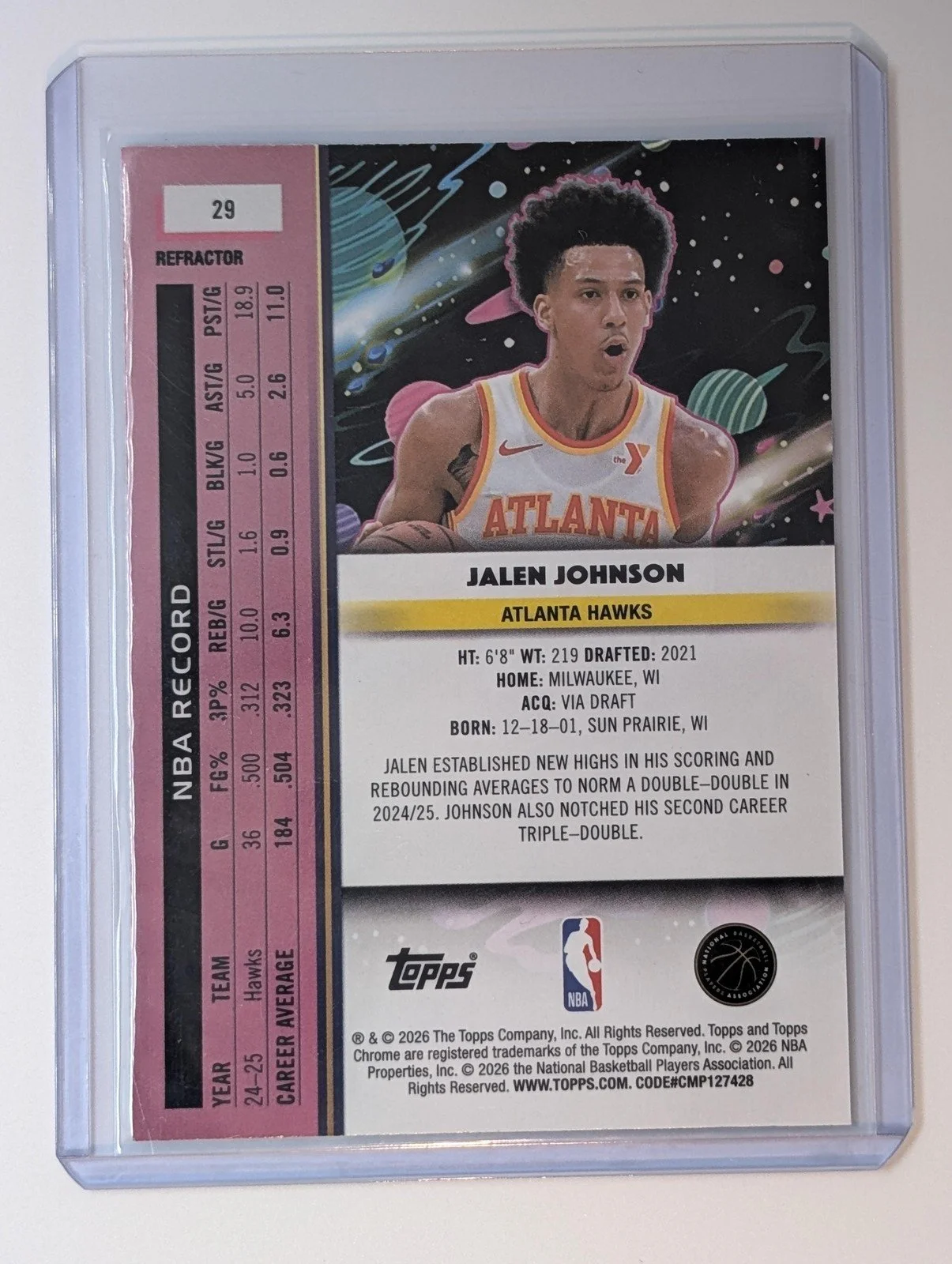 Back of 2025-26 Topps Chrome Cosmic #29 Jalen Johnson refractor