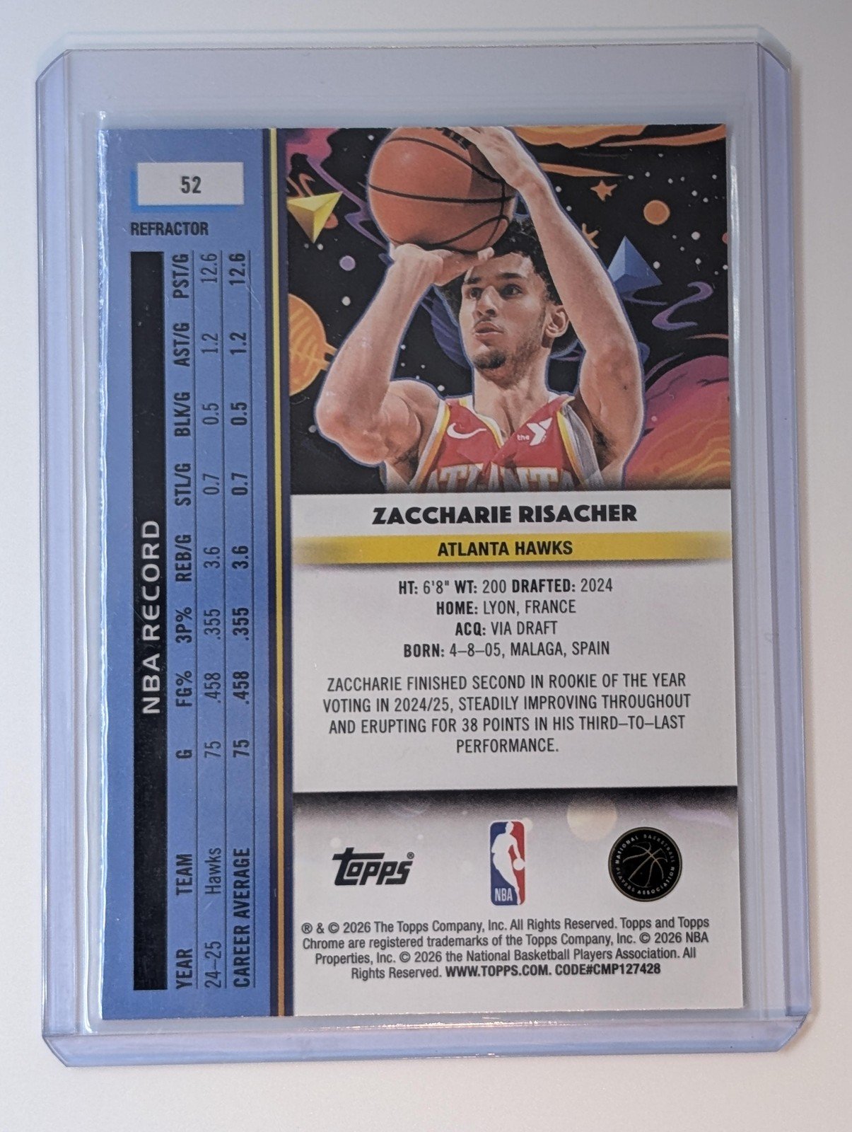 Back of 2025-26 Topps Chrome Cosmic #52 Zaccharie Risacher refractor