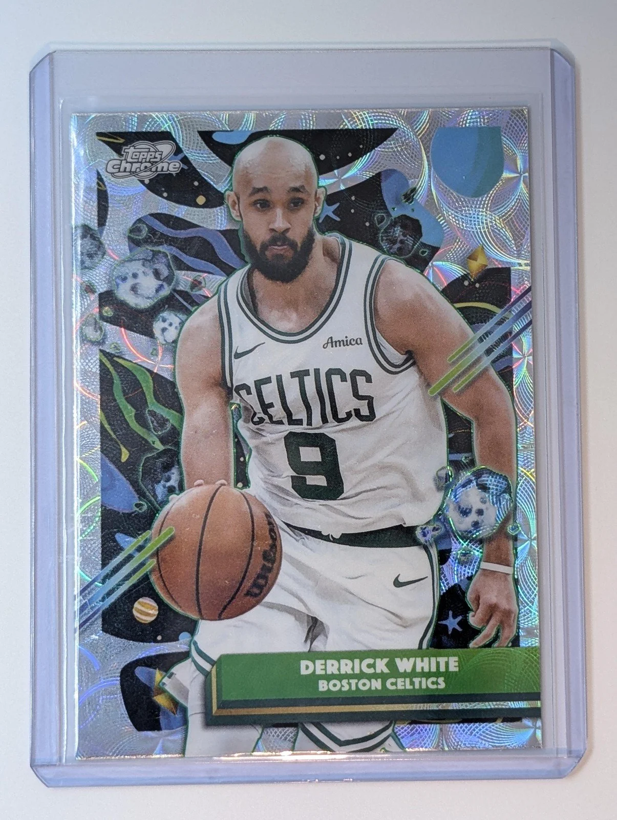 Front of 2025-26 Topps #6 Derrick White Nucleus Refractor