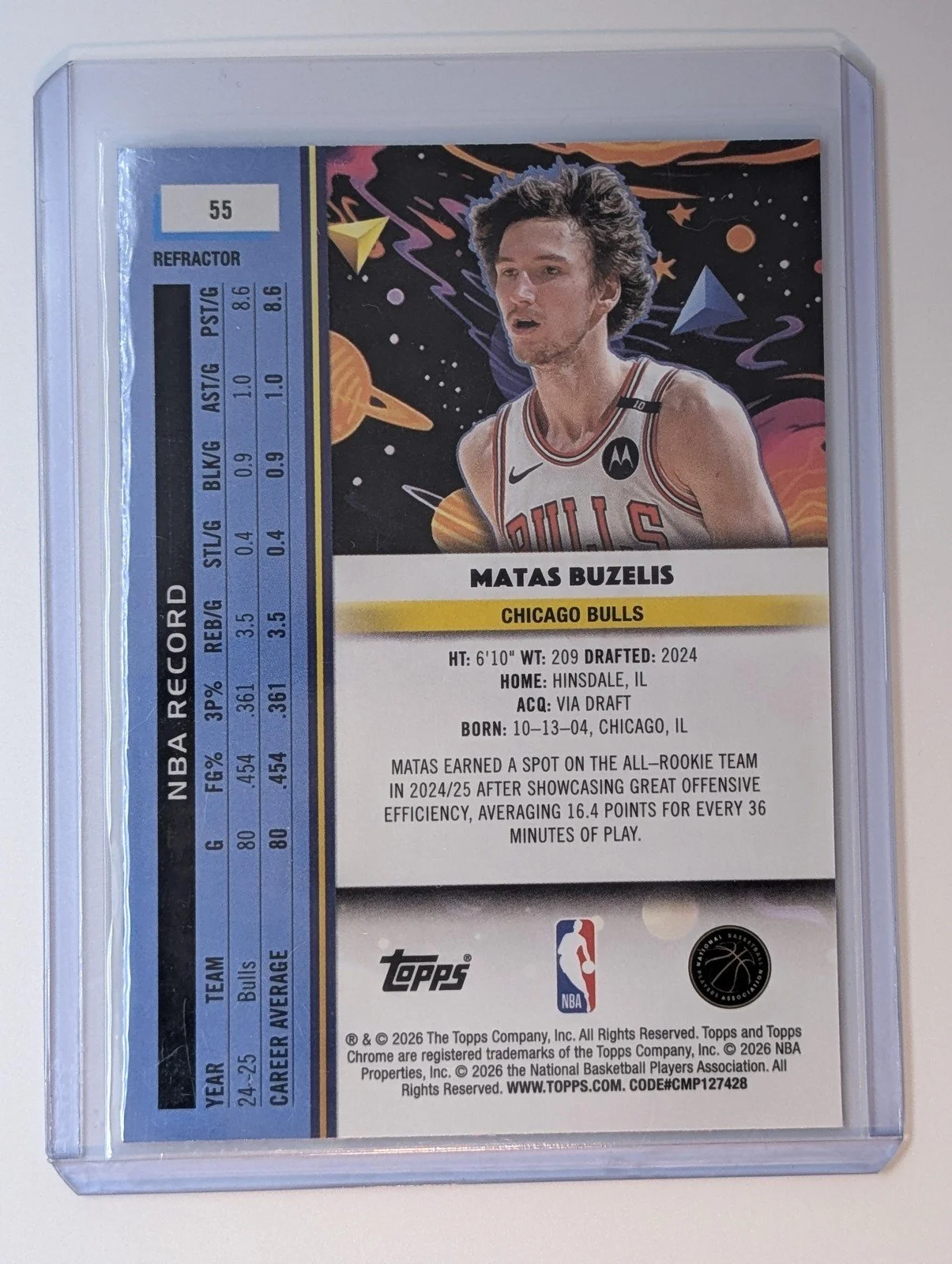 Back of 2025-26 Topps Chrome Cosmic #55 Matas Buzelis reractor