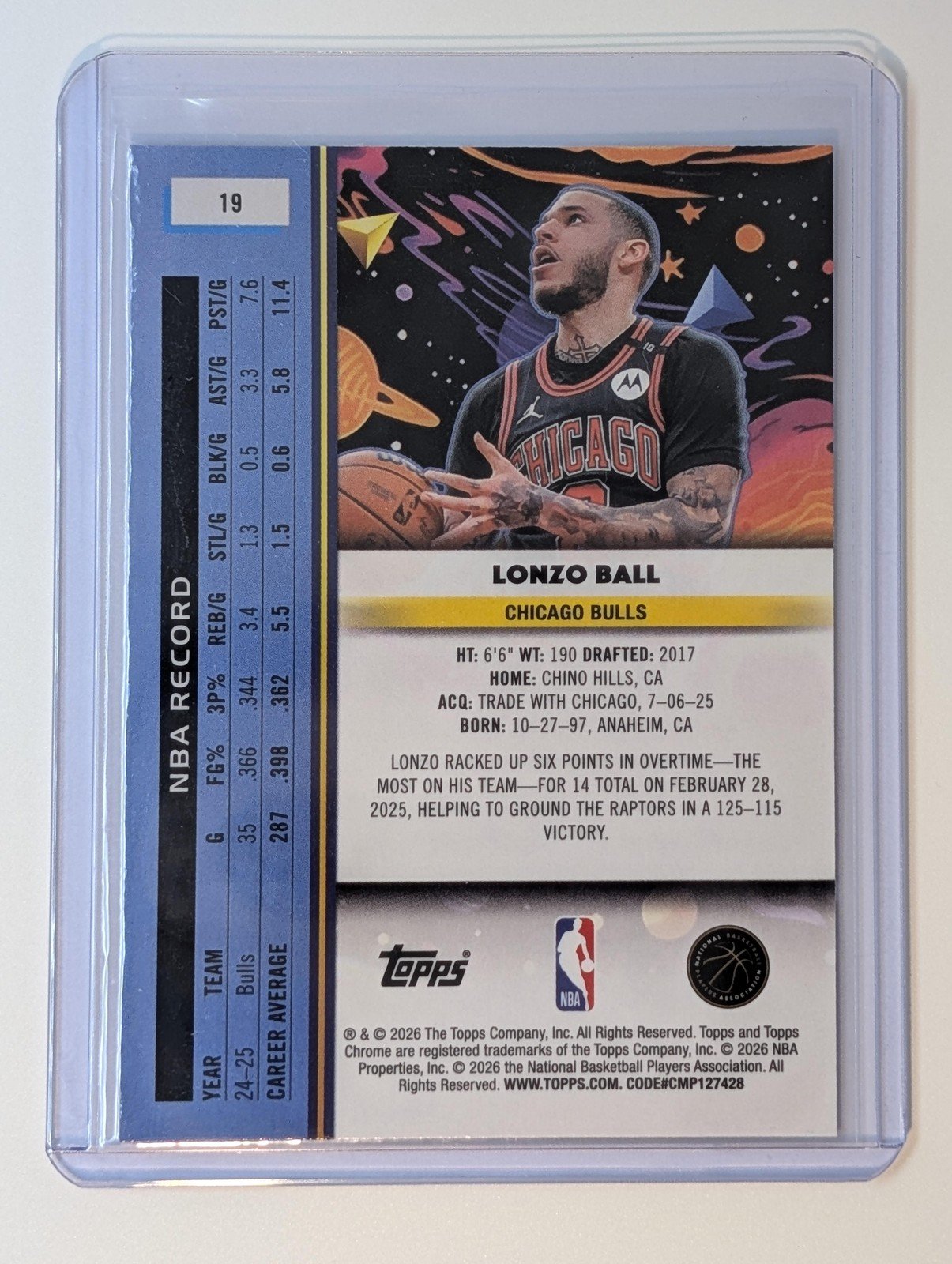 Back of 2025-26 Topps Chrome Cosmic #19 Lonzo Ball
