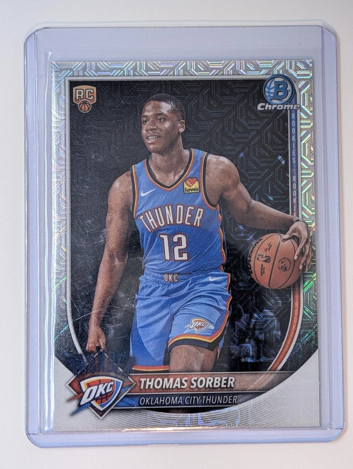 Front of 2025-26 Bowman #BCV-15 Thomas Sorber Chrome Mojo Refractor