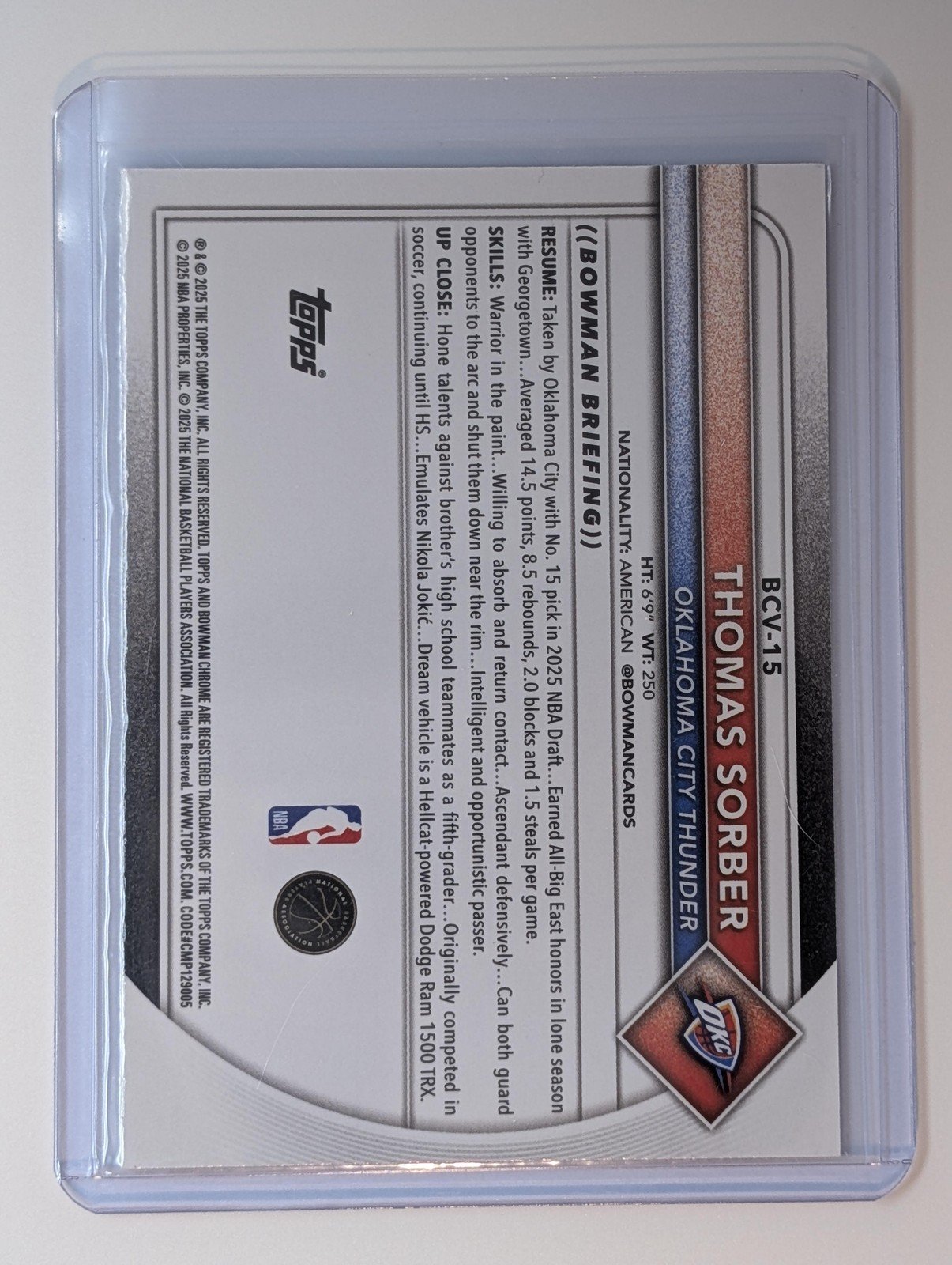 Back of 2025-26 Bowman #BCV-15 Thomas Sorber Chrome Mojo Refractor