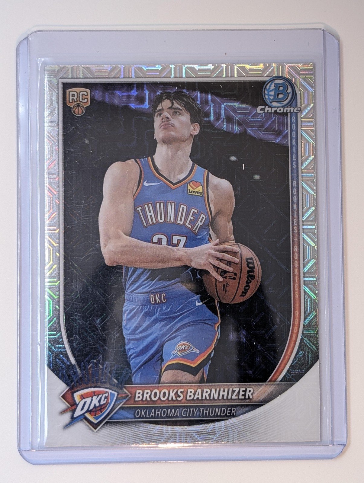 Front of 2025-26 Bowman #BCV-45 Brooks Barnhizer Chrome Mojo Refractor RC