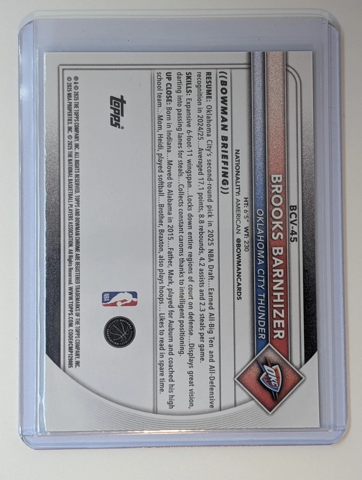 Back of 2025-26 Bowman #BCV-45 Brooks Barnhizer Chrome Mojo Refractor RC