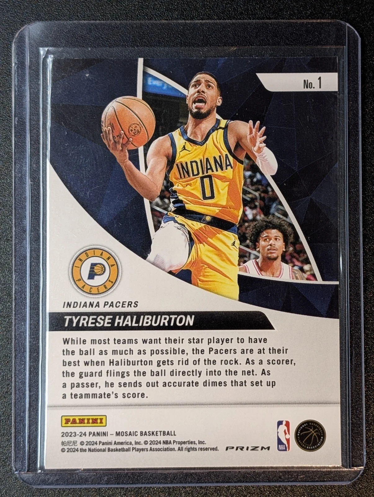 Back of 2023-24 Panini Mosaic #1 Tyrese Haliburton Elevate Mosaic Green