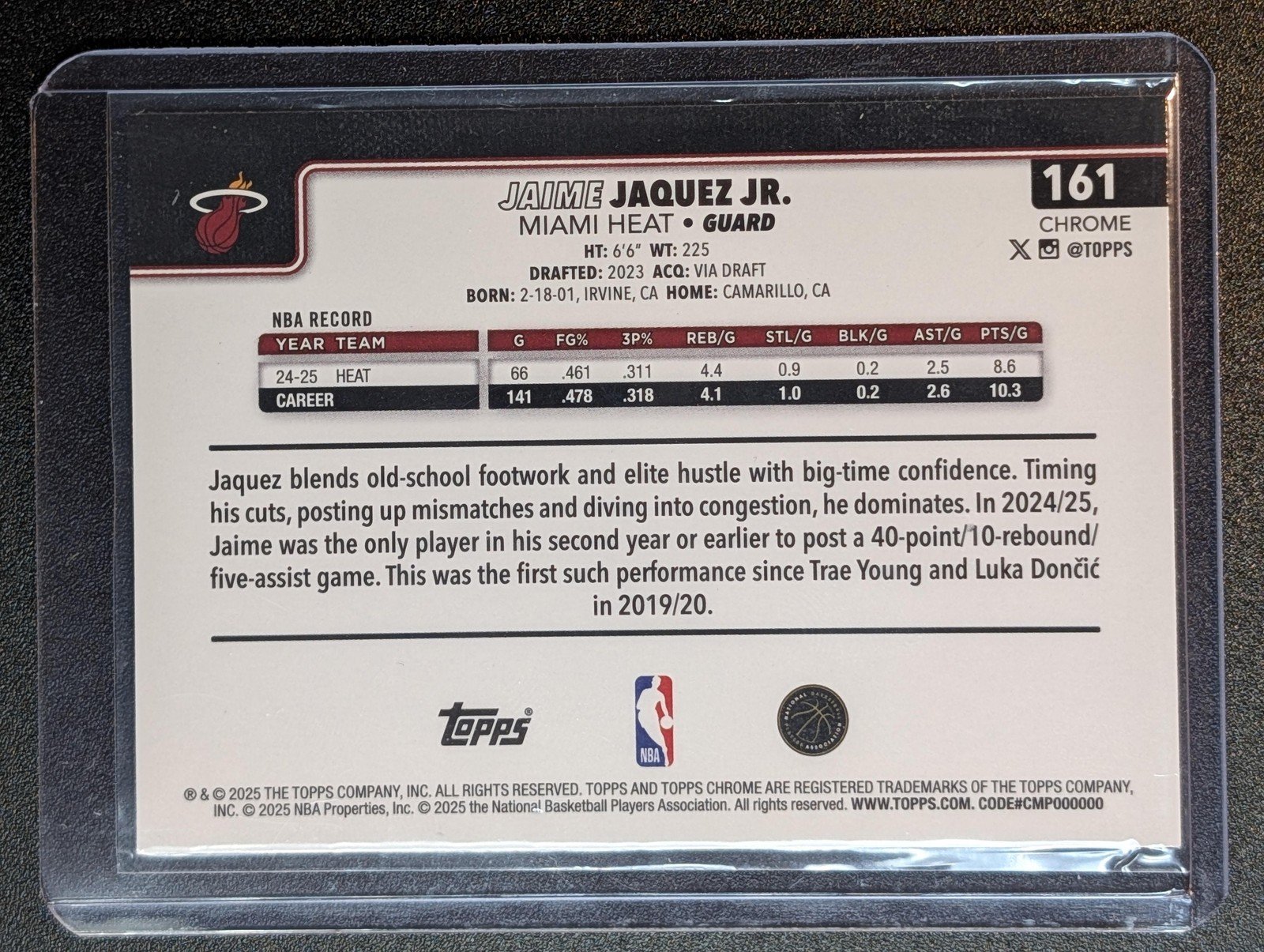 Back of 2025-26 Topps Chrome #161 Jaime Jaquez Jr. X-Fractor