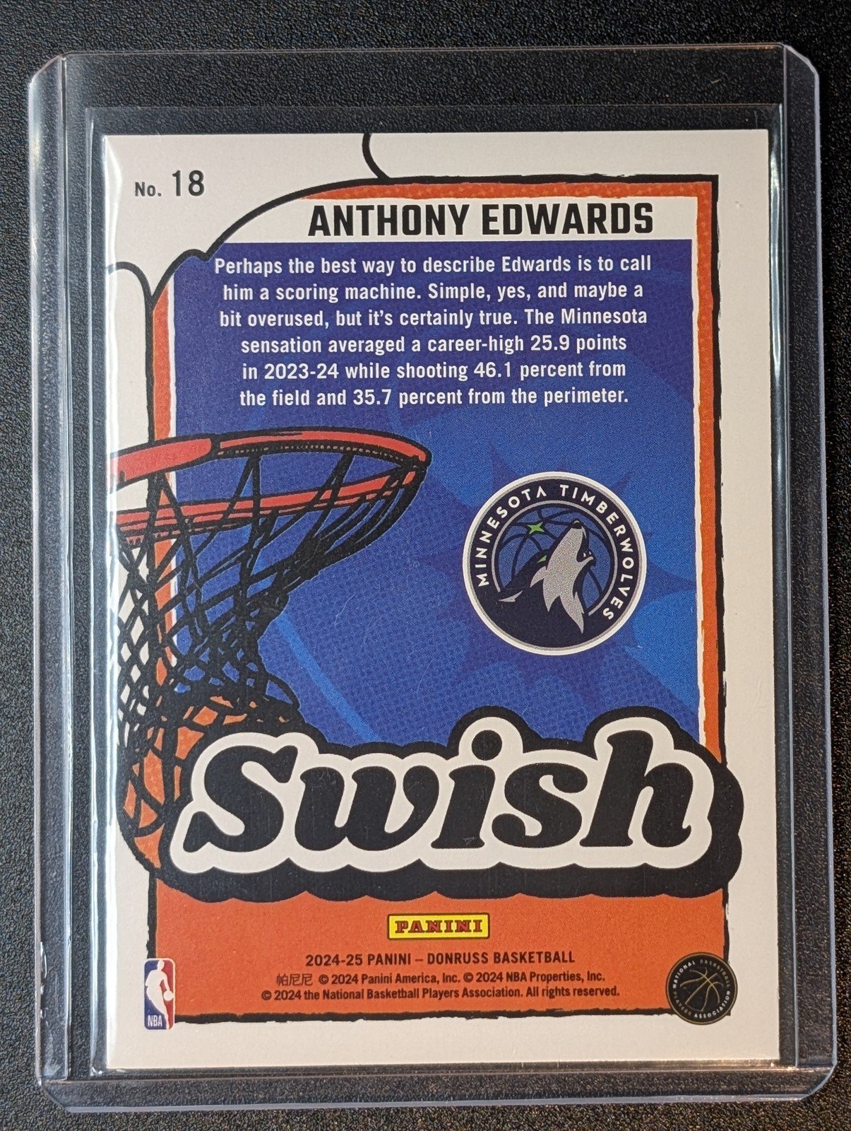 Back of 2024-25 Donruss #18 Anthony Edwards Swish