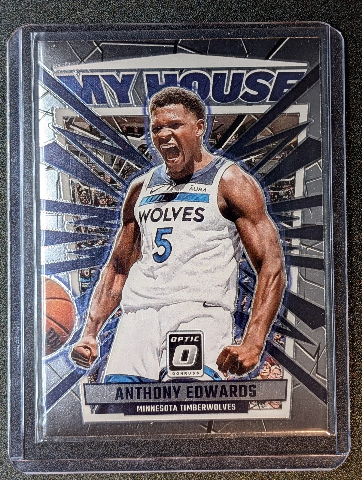 Front of 2023-24 Donruss Optic #9 Anthony Edwards My House Holo