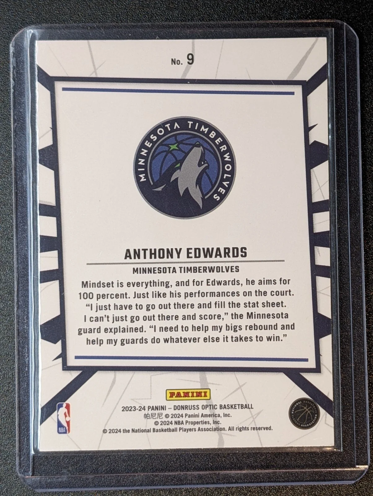 Back of 2023-24 Donruss Optic #9 Anthony Edwards My House Holo