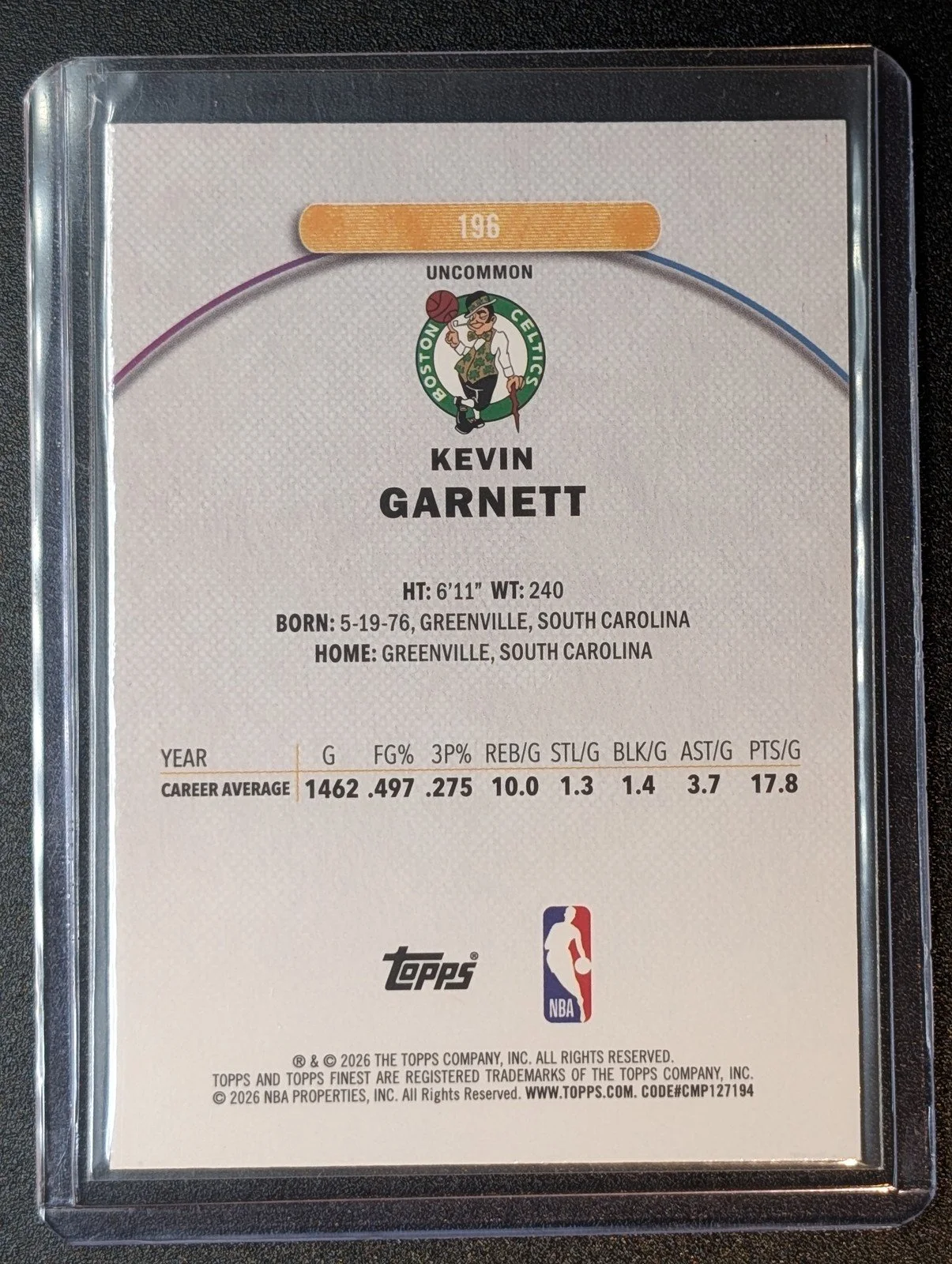 Back of 2025-26 Finest #196 Kevin Garnett X-Fractor