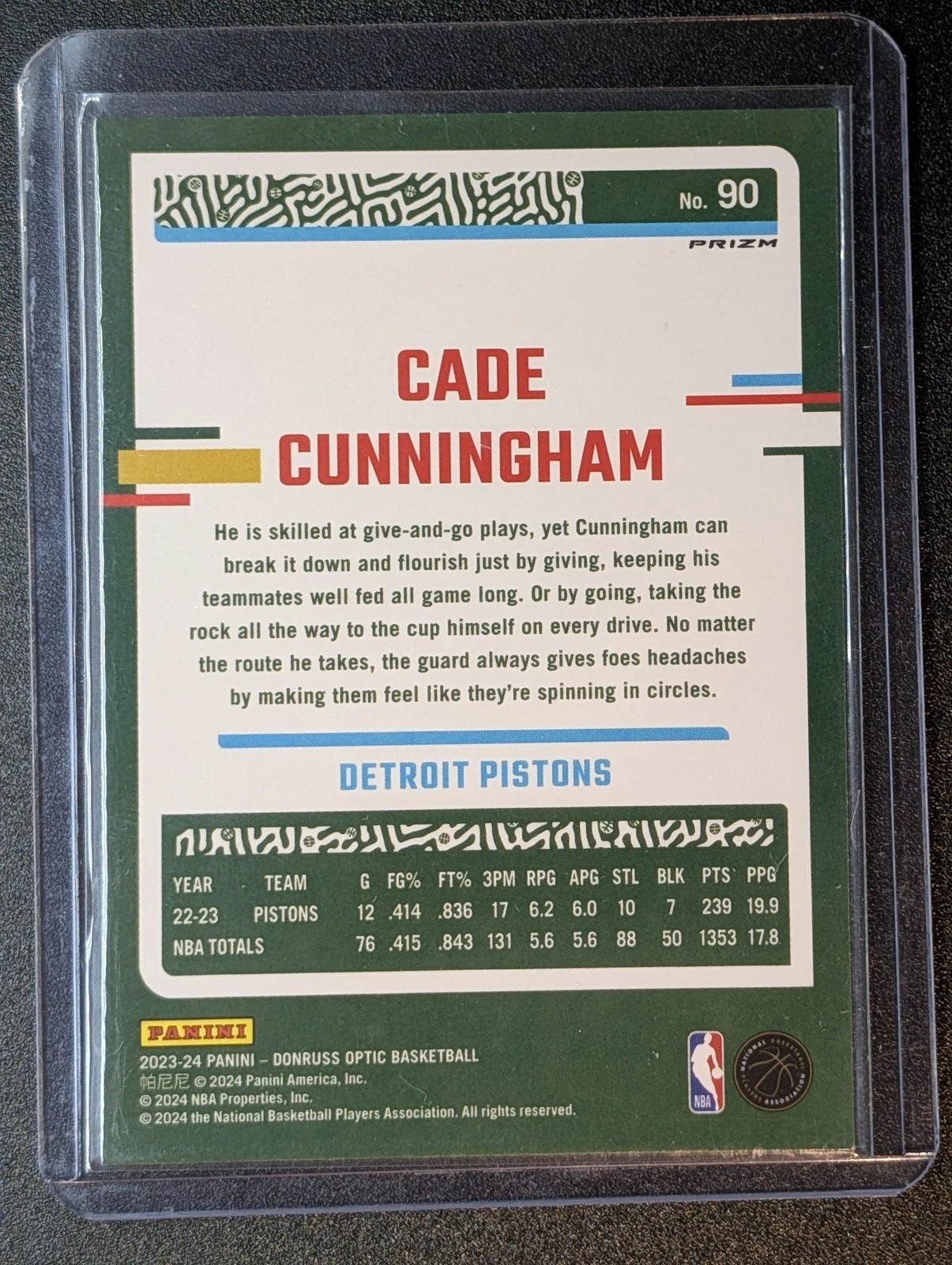 Back of 2023-24 Donruss Optic #90 Cade Cunningham Holo