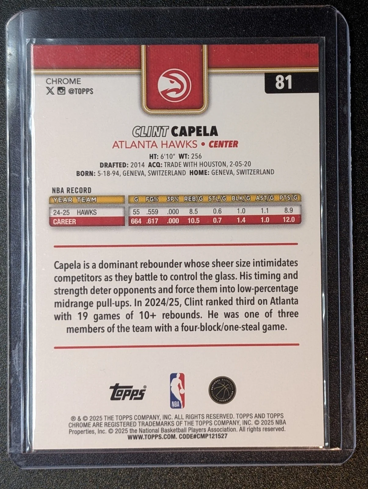 Back of 2025-26 Topps Chrome #81 Clint Capela Basketball Refractor