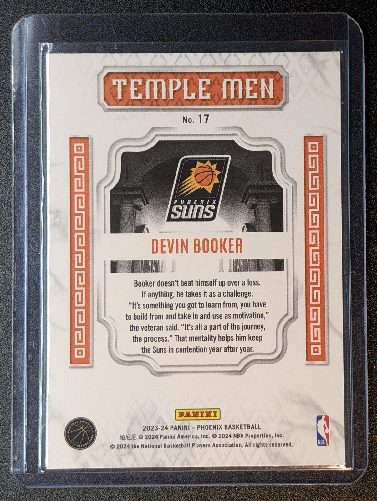 Back of 2023-24 Panini Phoenix #17 Devin Booker Temple Men