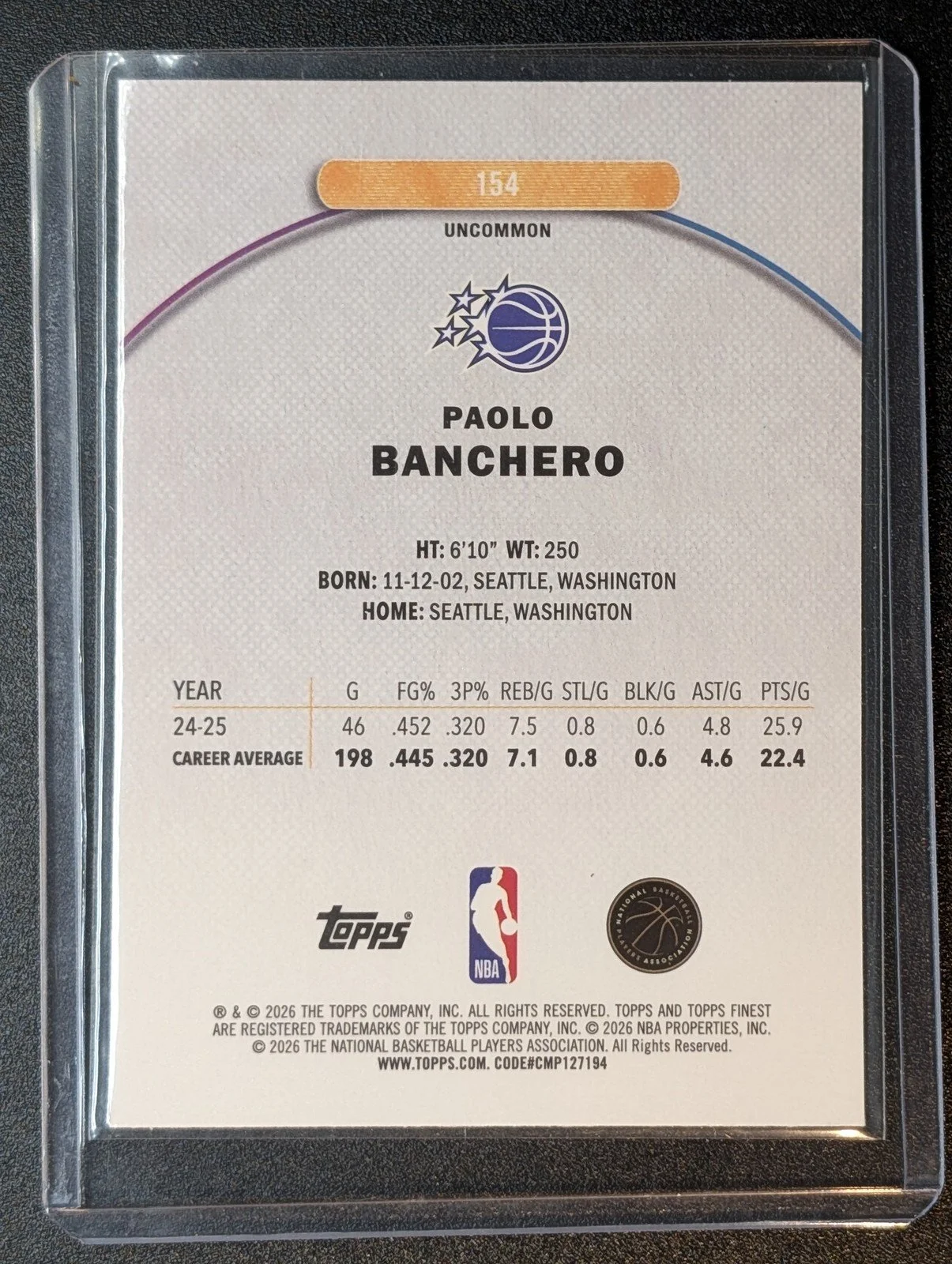 Back of 2025-26 Finest #154 Paolo Banchero