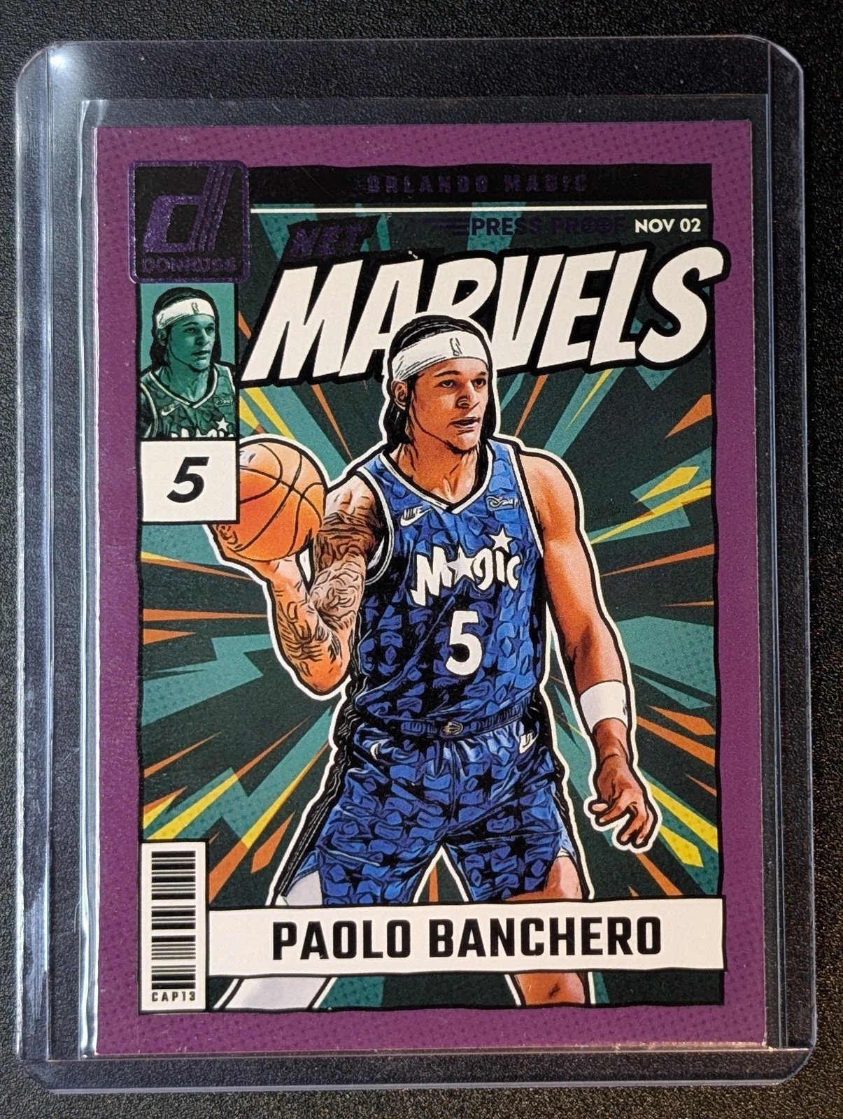 Front of 2024-25 Donruss #4 Paolo Banchero Net Marvels Press Proof Purple