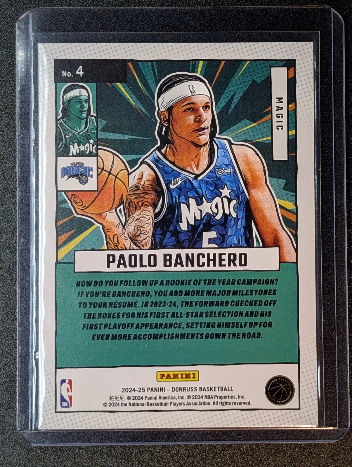 Back of 2024-25 Donruss #4 Paolo Banchero Net Marvels Press Proof Purple