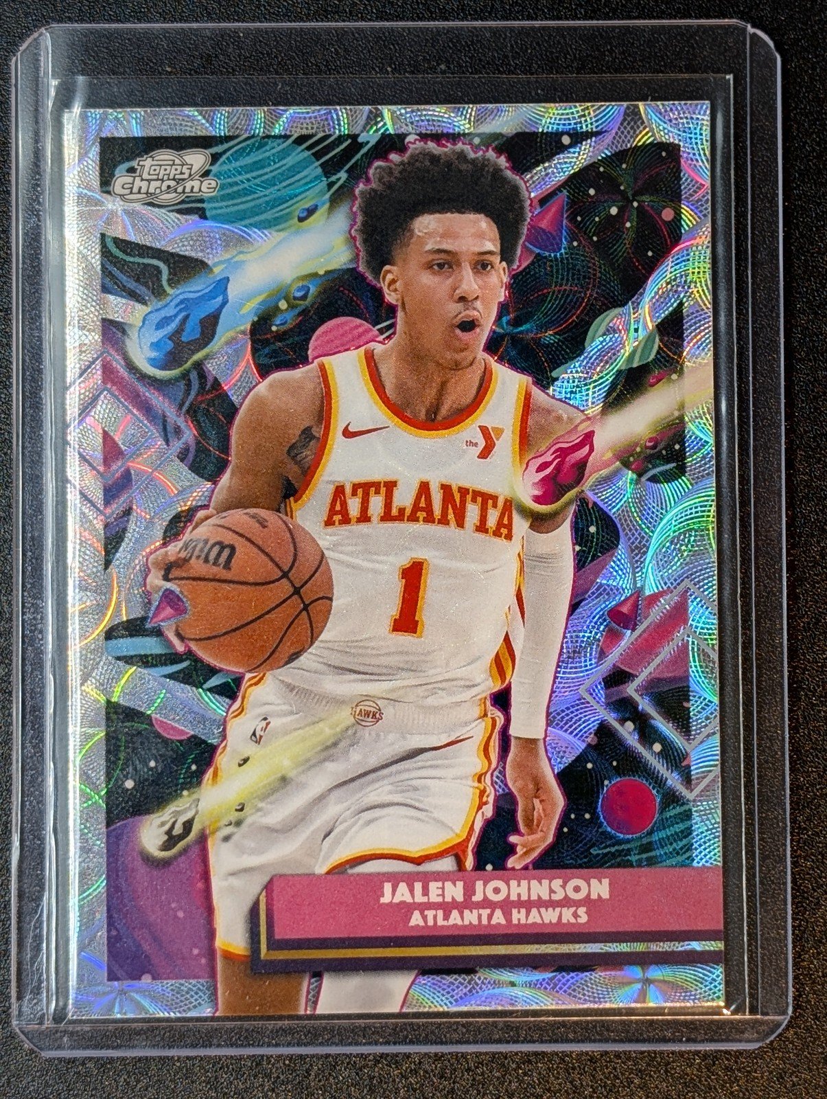 Front of 2025-26 Topps Chrome Cosmic #29 Jalen Johnson Nucleus Refractors