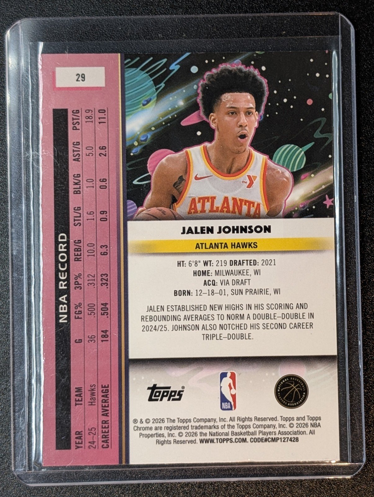 Back of 2025-26 Topps Chrome Cosmic #29 Jalen Johnson Nucleus Refractors