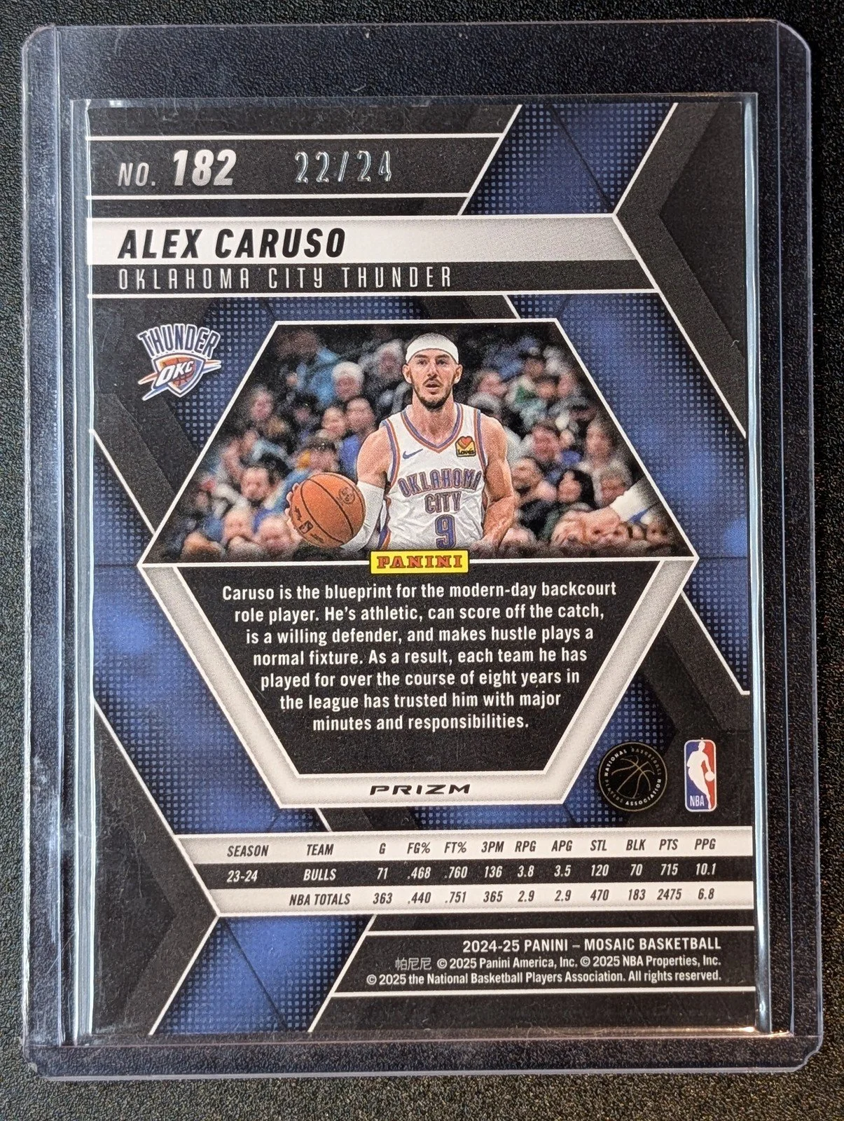 Back of 2024-25 Panini Mosaic #182 Alex Caruso Purple Snakeskin Mosaic #/24
