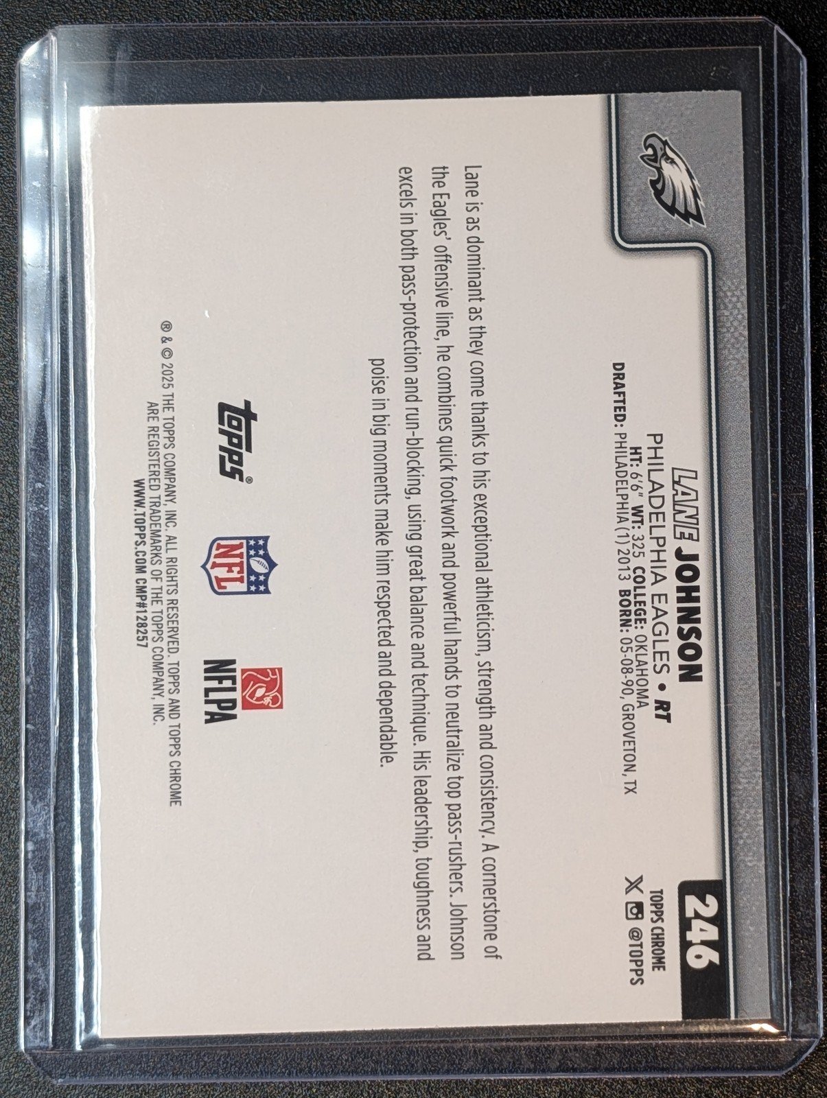 Back of 2025 Topps Chrome #246 Lane Johnson Pink Wave Refractor #/250
