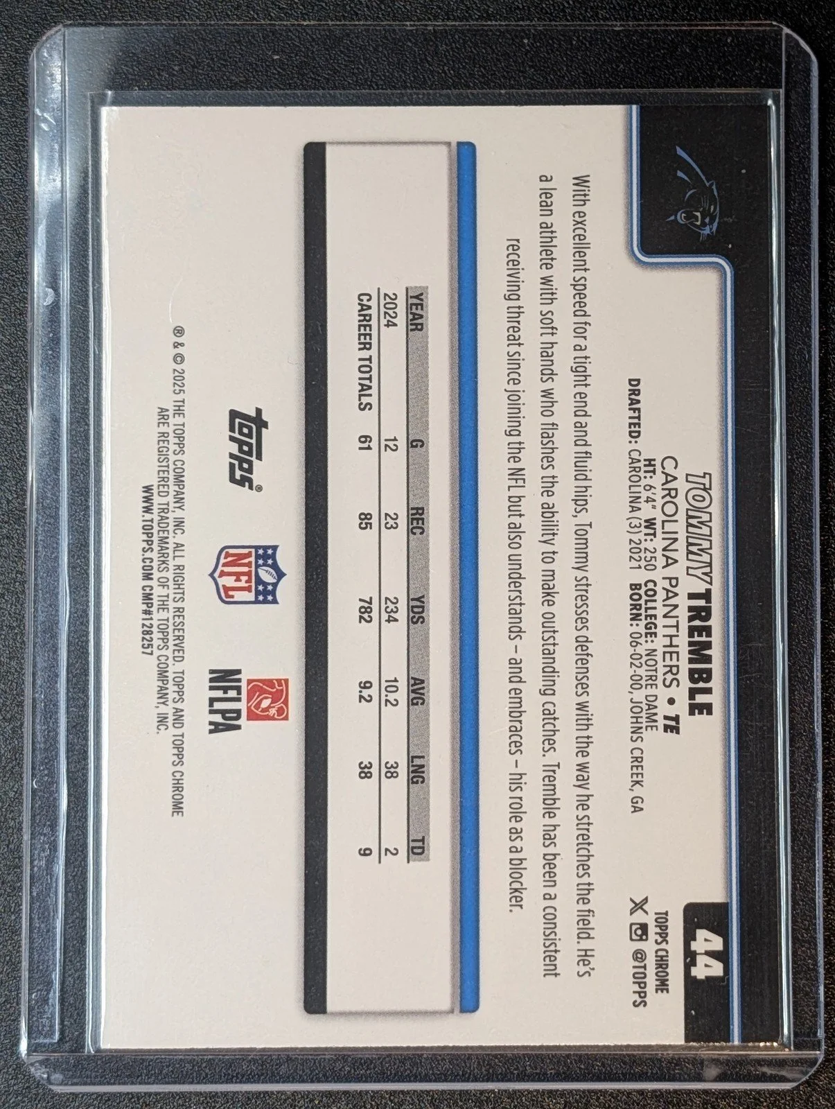 Back of 2025 Topps Chrome #44 Tommy Tremble Teal Refractor #/299