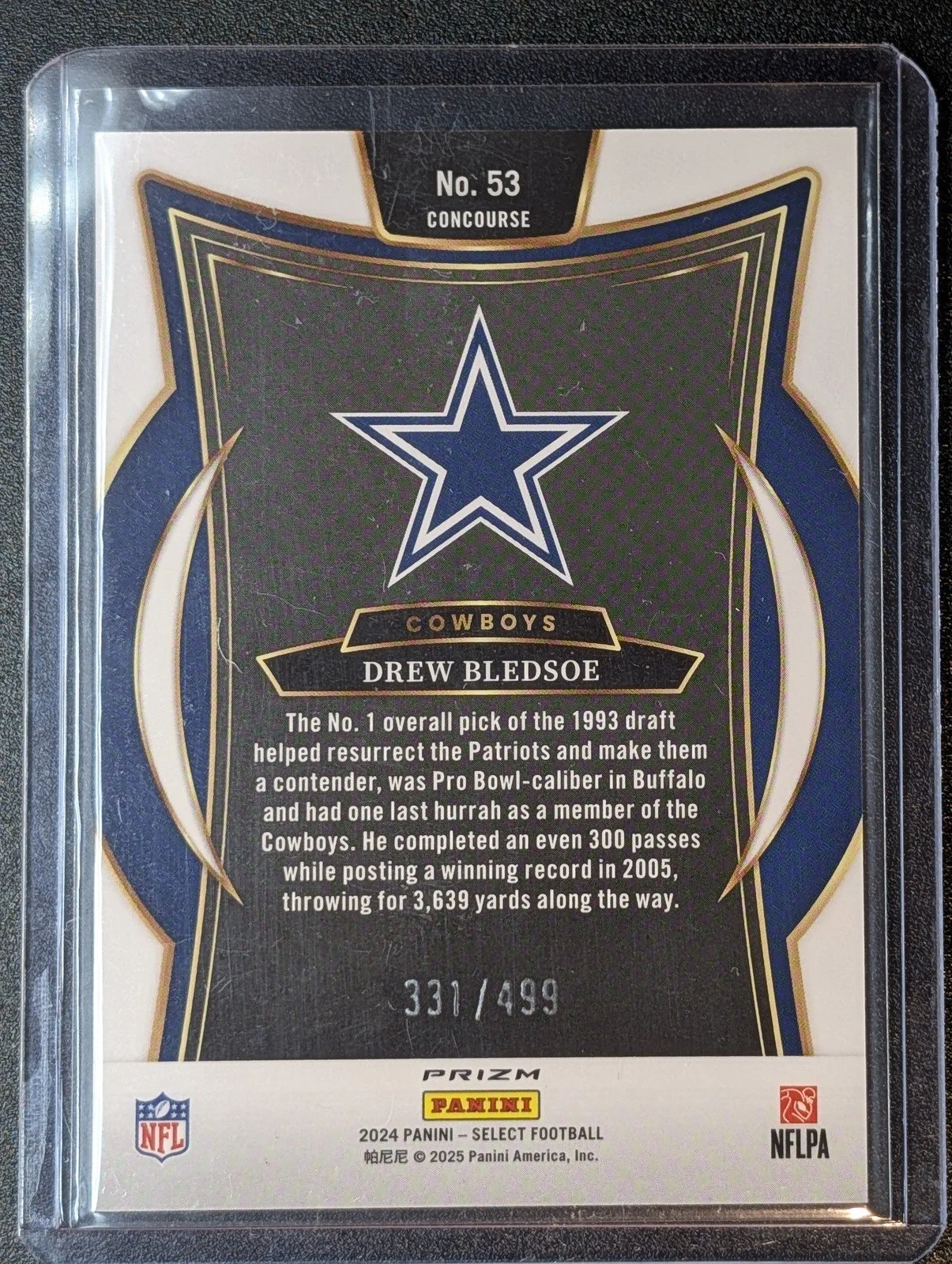 Back of 2024 Panini Select #53 Drew Bledsoe Orange Prizm Shock #/499