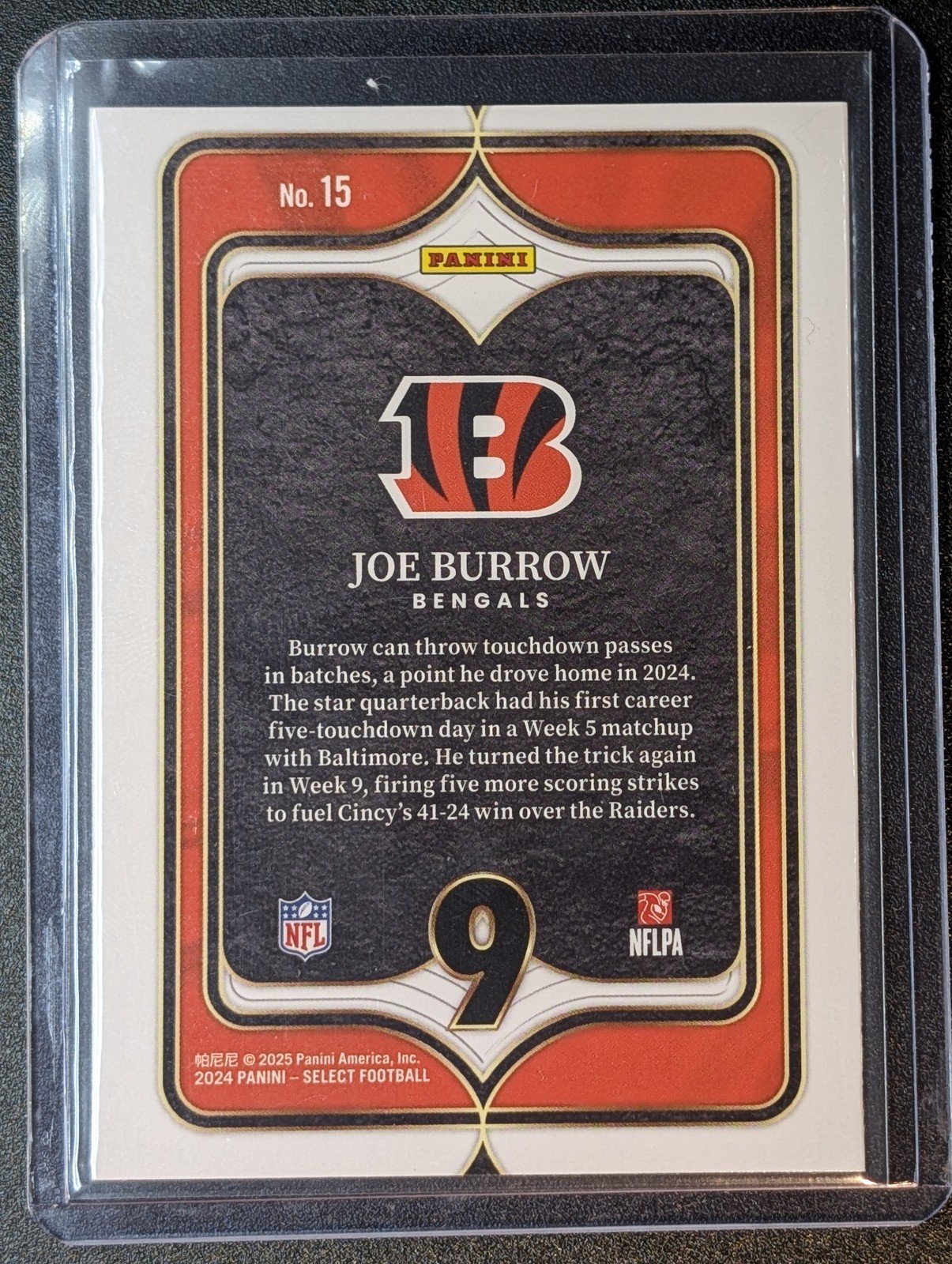 Back of 2024 Panini Select #15 Joe Burrow Select Numbers