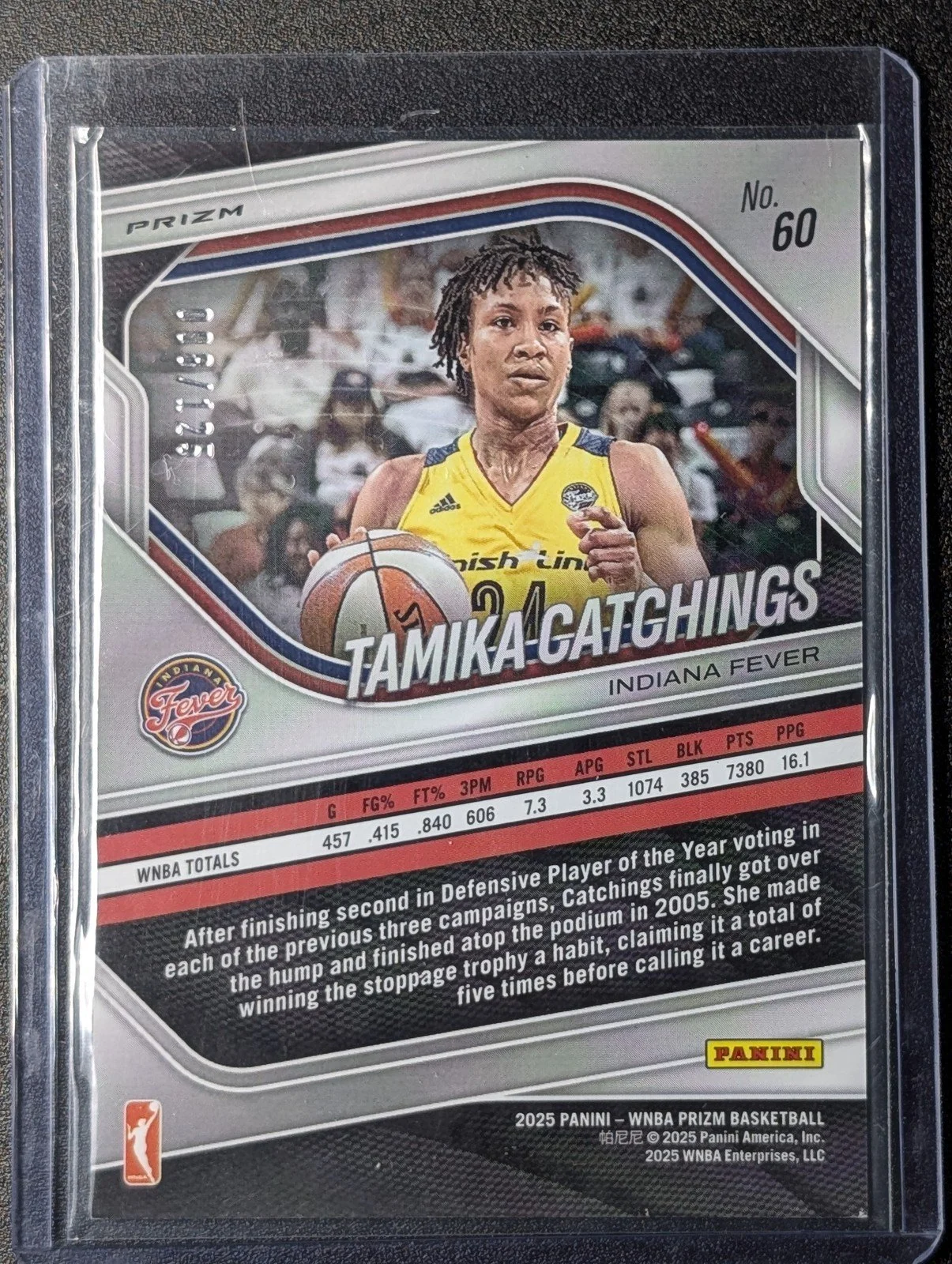 Back of 2025 Panini Prizm WNBA #60 Tamika Catchings Carolina Blue Prizms #/125