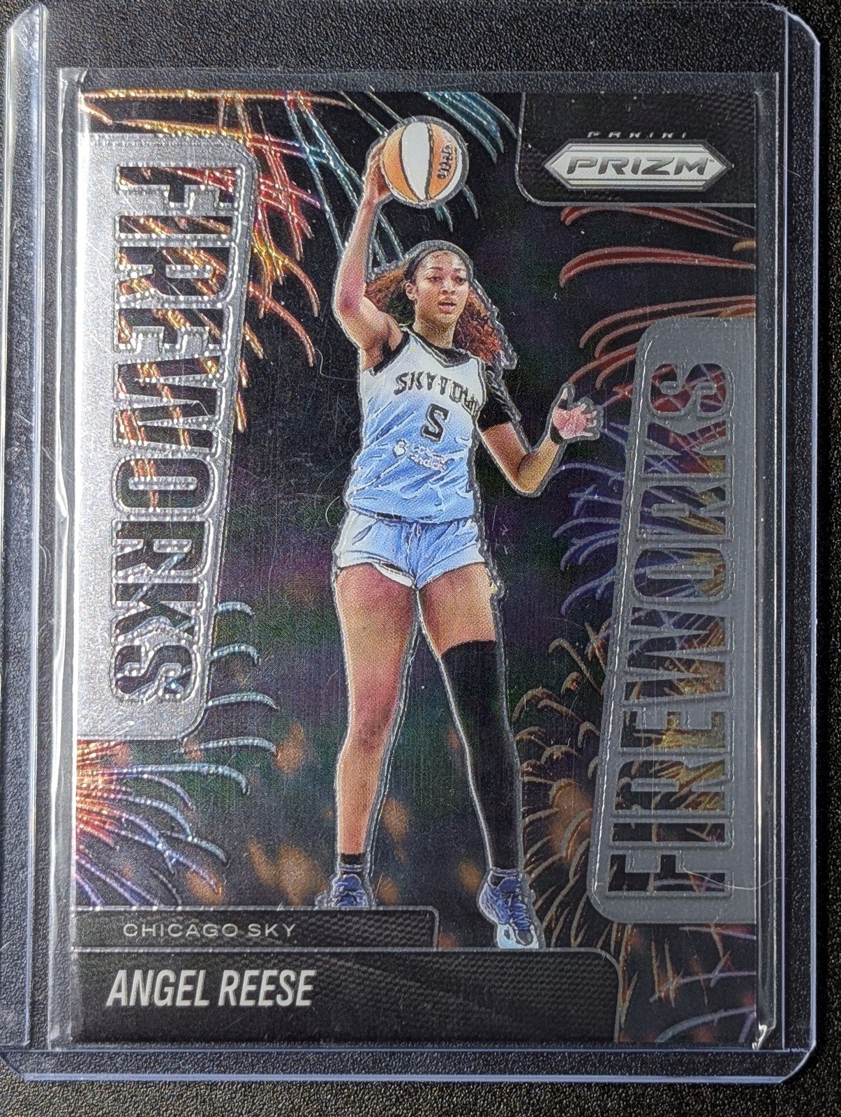 Front of 2025 Panini Prizm WNBA #11 Angel Reese Fireworks