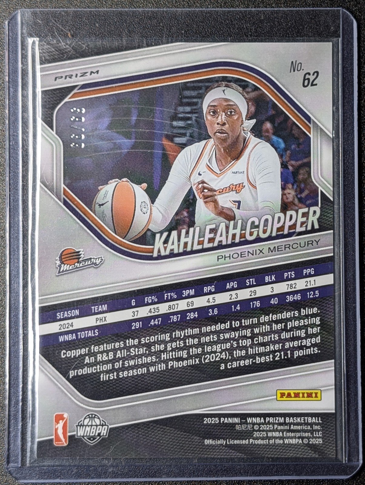 Back of 2025 Panini Prizm WNBA #62 Kahleah Copper Orange Prizms #/99