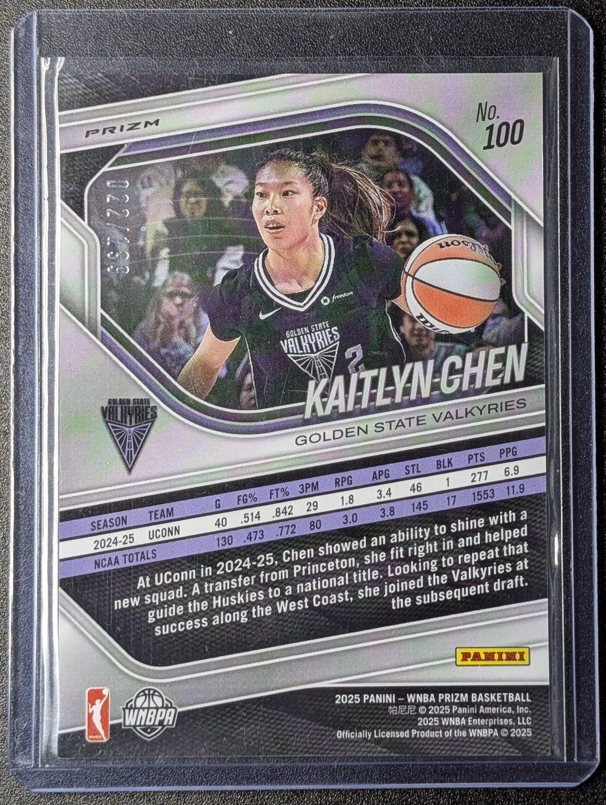 Back of 2025 Panini Prizm WNBA #100 Kaitlyn Chen Blue Prizms #/199 RC
