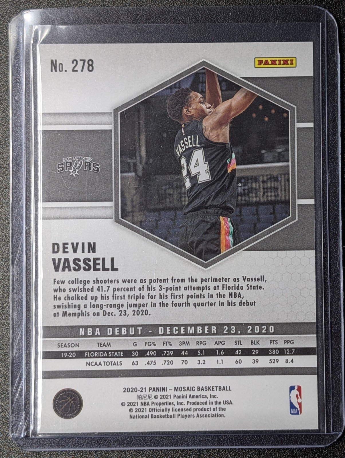 Back of 2020-21 Panini Mosaic #278 Devin Vassell RC