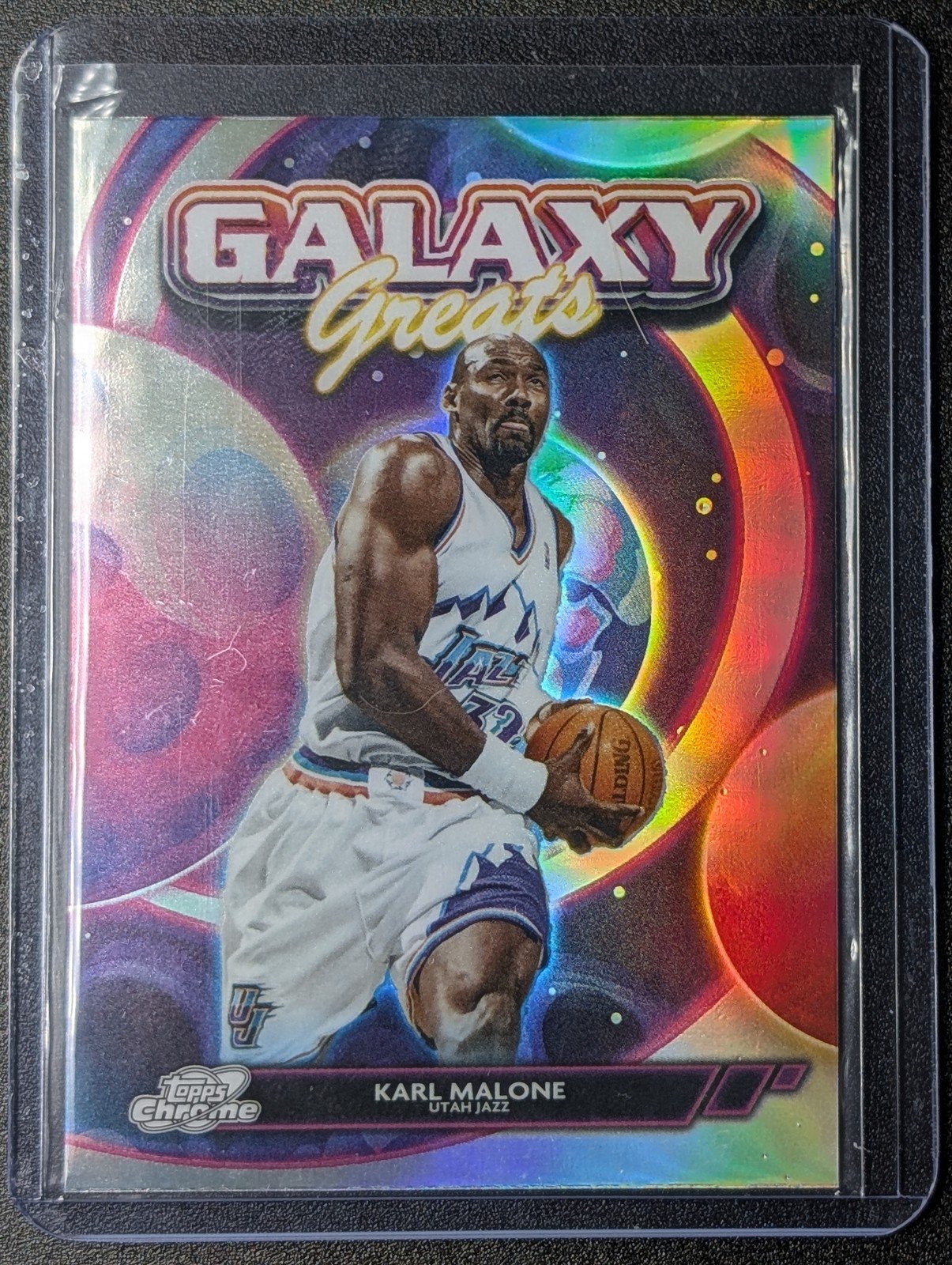 Front of 2025-26 Topps Chrome Cosmic #GG-6 Karl Malone Galaxy Greats Refractors