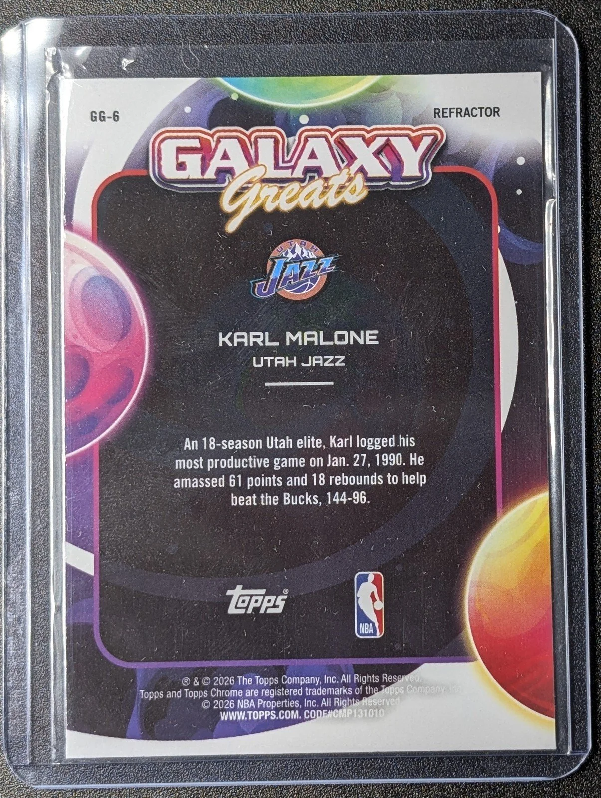 Back of 2025-26 Topps Chrome Cosmic #GG-6 Karl Malone Galaxy Greats Refractors