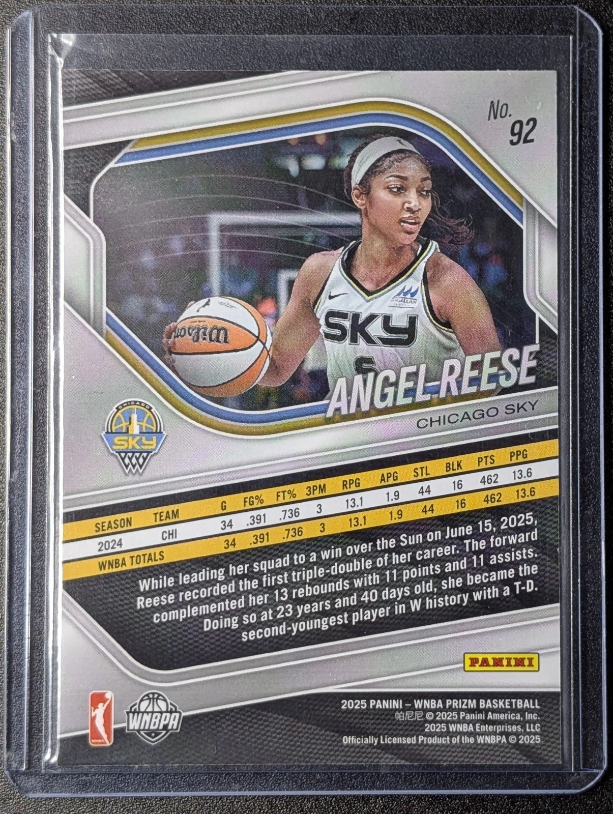Back of 2025 Panini Prizm WNBA #92 Angel Reese