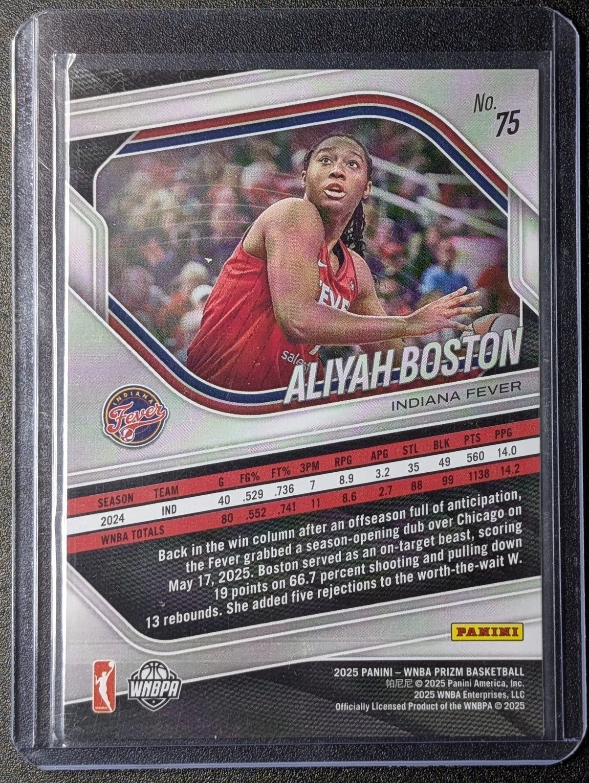 Back of 2025 Panini Prizm WNBA #75 Aliyah Boston