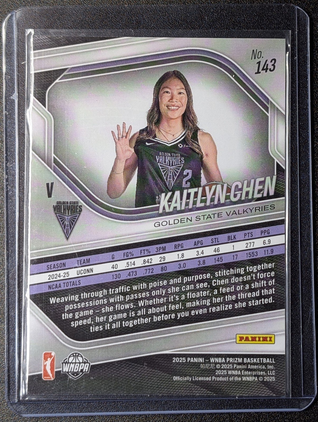 Back of 2025 Panini Prizm WNBA #143 Kaitlyn Chen RC
