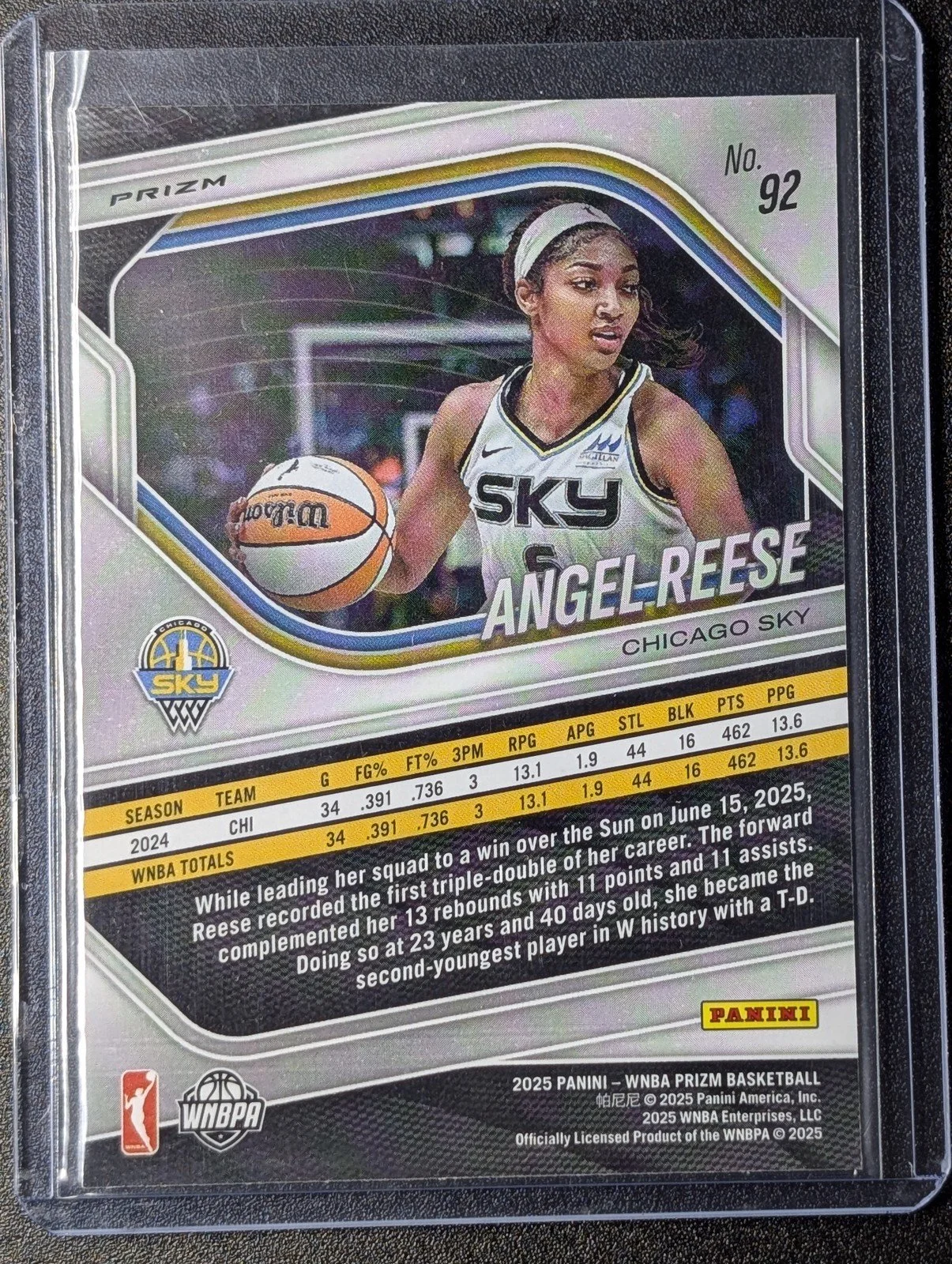 Back of 2025 Panini Prizm WNBA #92 Angel Reese Silver Prizms