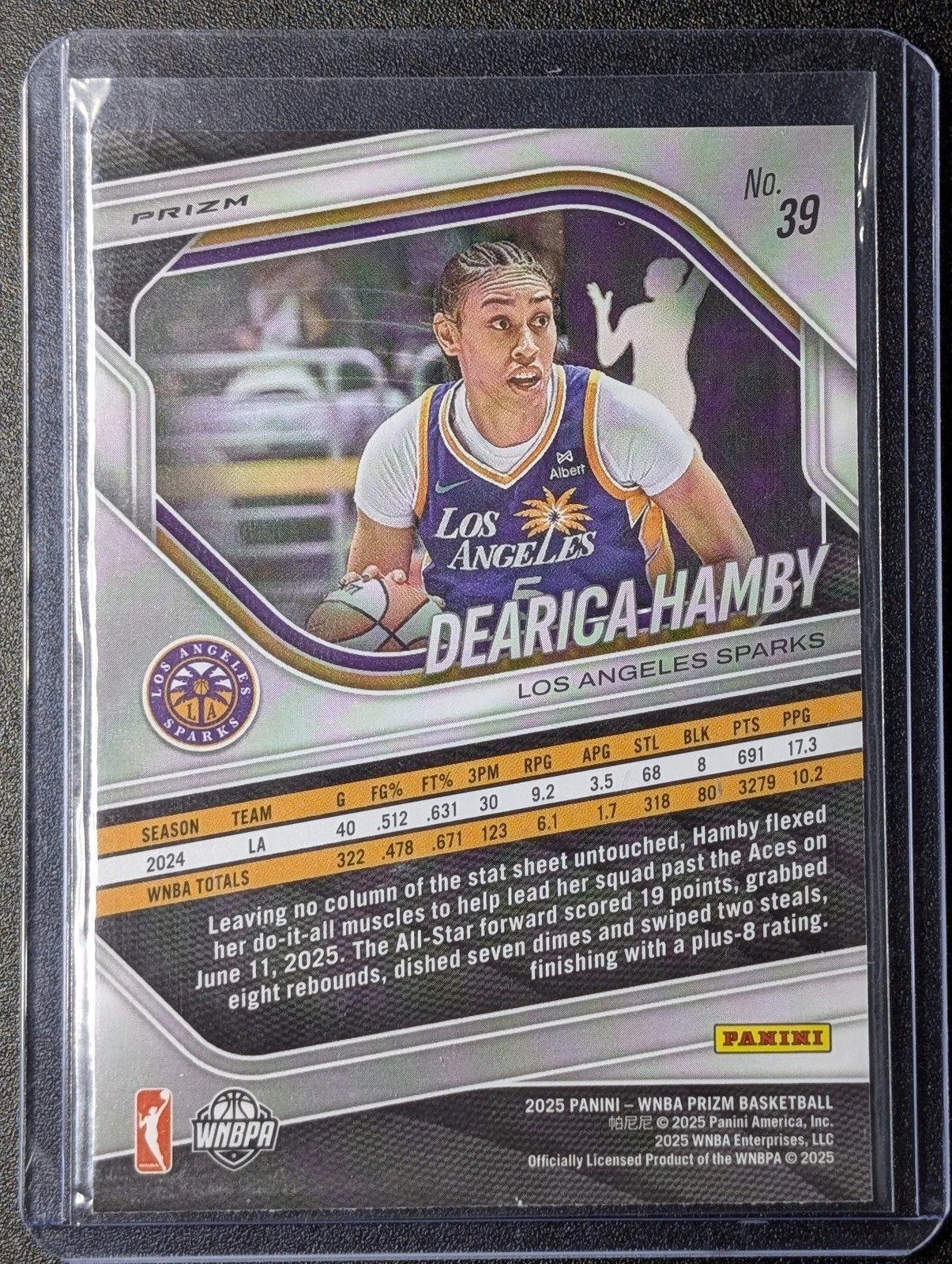 Back of 2025 Panini Prizm WNBA #39 Dearica Hamby Blue Velocity Prizms