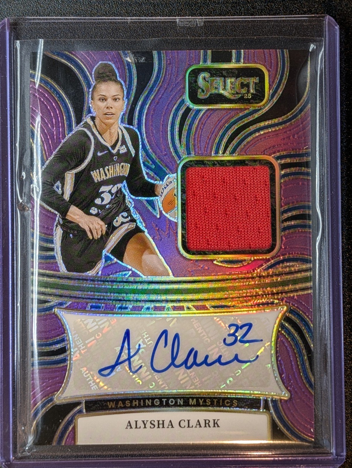 Front of 2025 Panini Select WNBA Alysha Clark AM-AC Purple Patch Auto /99 Mystics