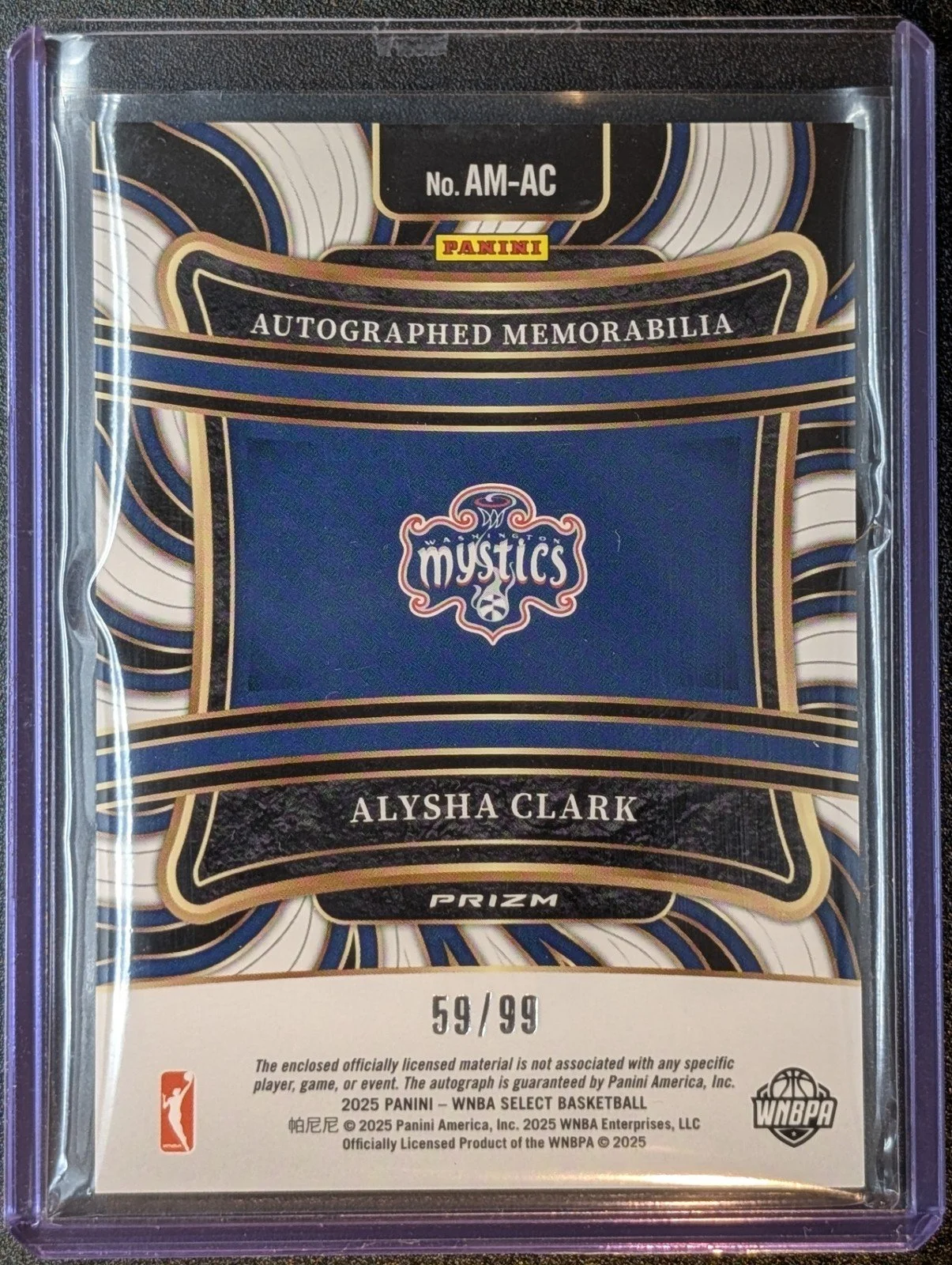 Back of 2025 Panini Select WNBA Alysha Clark AM-AC Purple Patch Auto /99 Mystics