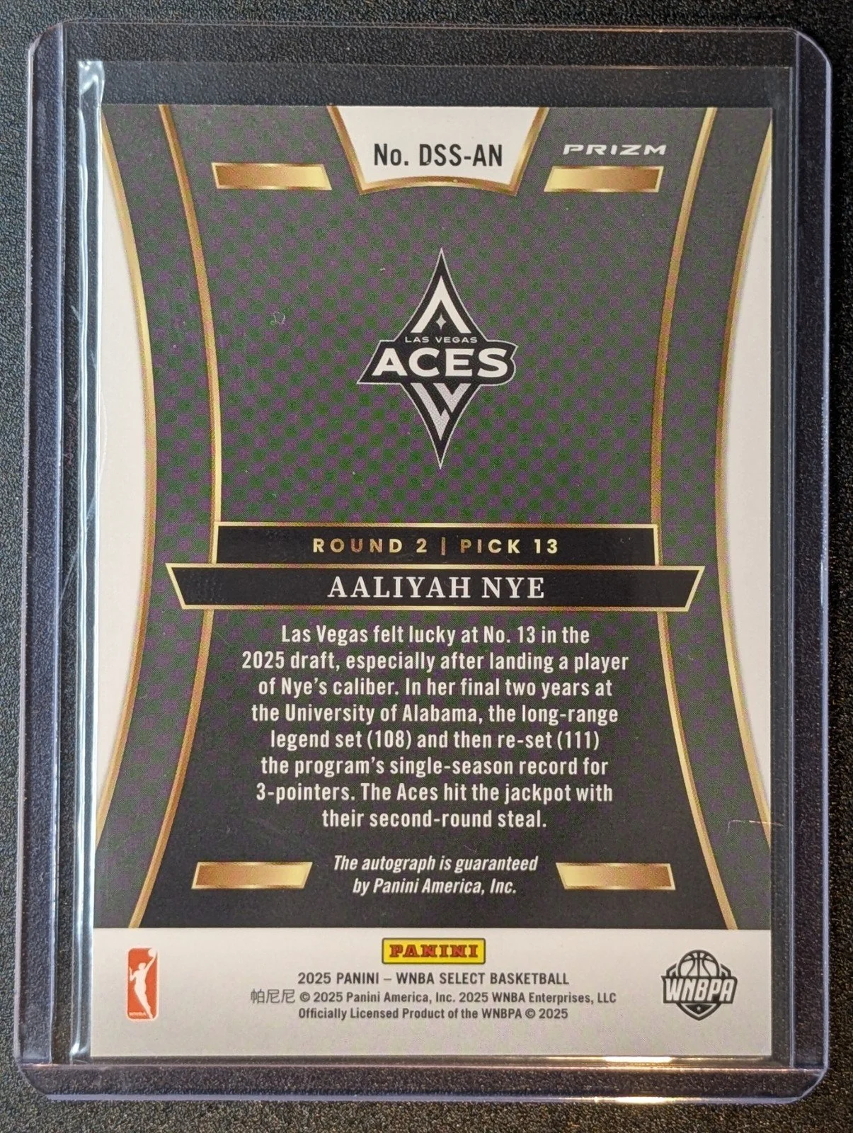 Back of 2025 Panini Select WNBA Draft Selections Aaliyah Nye #DSS-AN Silver Prizm