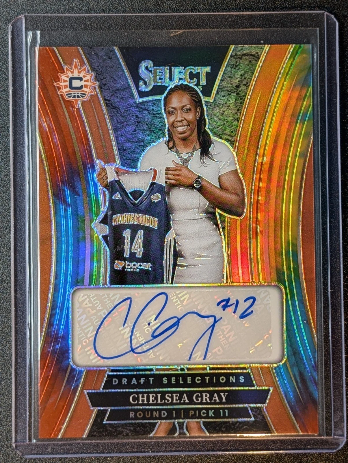 Front of 2025 Panini Select WNBA /25 Auto CHELSEA GRAY DRAFT SELECTIONS TIE-DYE Sun Aces!