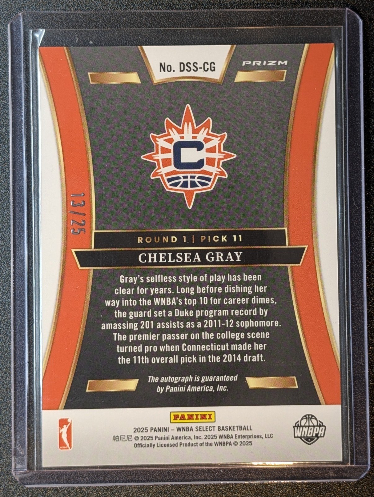 Back of 2025 Panini Select WNBA /25 Auto CHELSEA GRAY DRAFT SELECTIONS TIE-DYE Sun Aces!