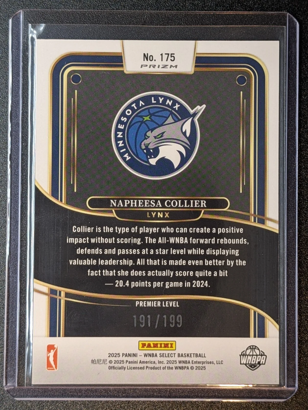 Back of 2025 Panini Select WNBA /199 Napheesa Collier #175