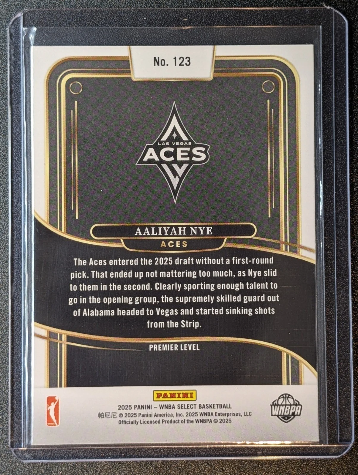 Back of 2025 Panini Select WNBA #123 Aaliyah Nye RC